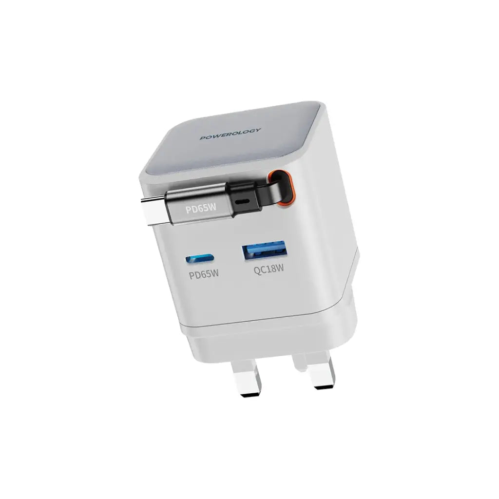 Powerology Retractable Dual-Port GaN Charger – Compact & Fast