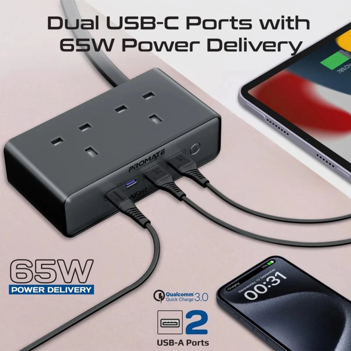 Promate PowerBrix2-GaN65 65W Power Delivery GaN Charging Station with Dual AC Sockets