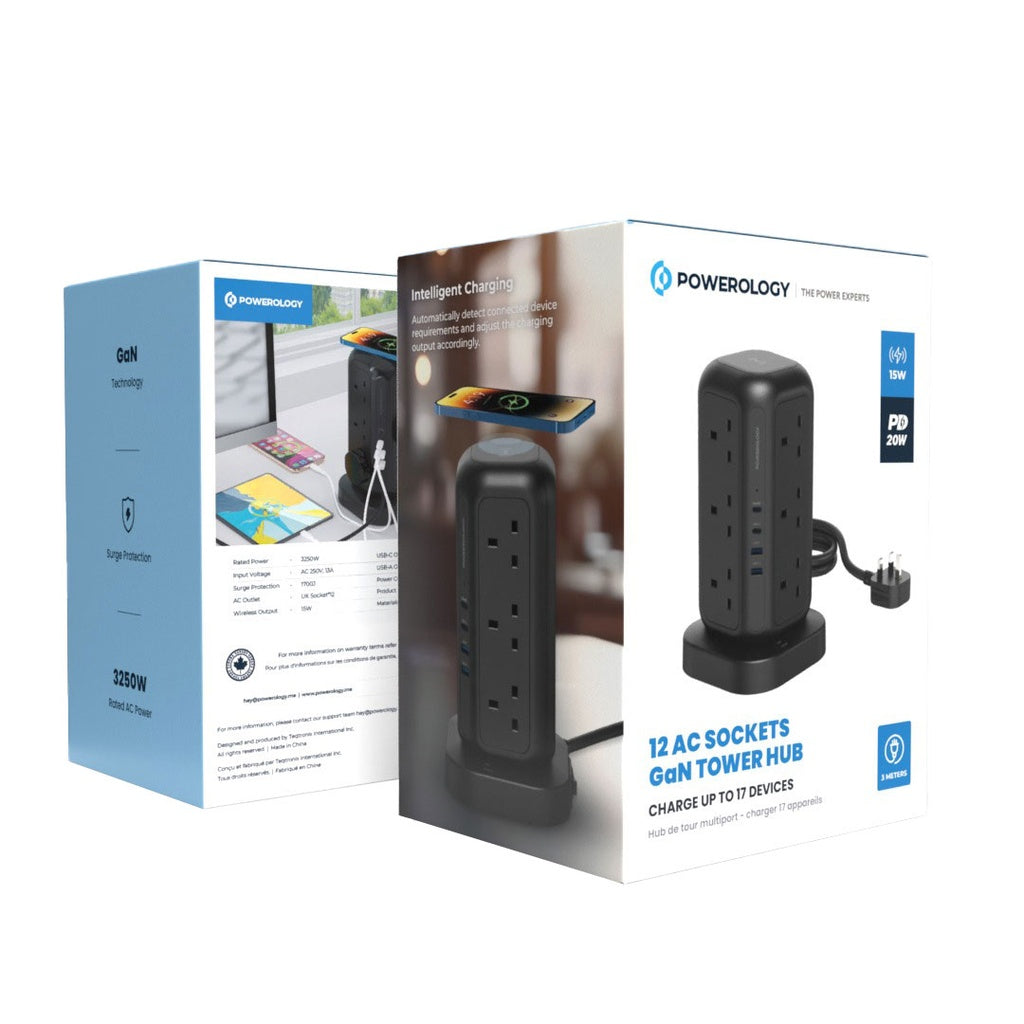 Powerology GaN Tower Hub 12 AC Sockets – Black