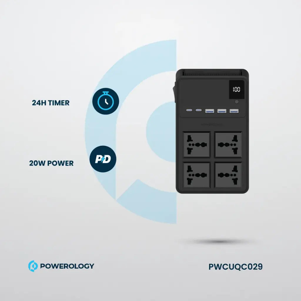 Powerology 2500W Power Strip with 4 AC Ports & Retractable Cables