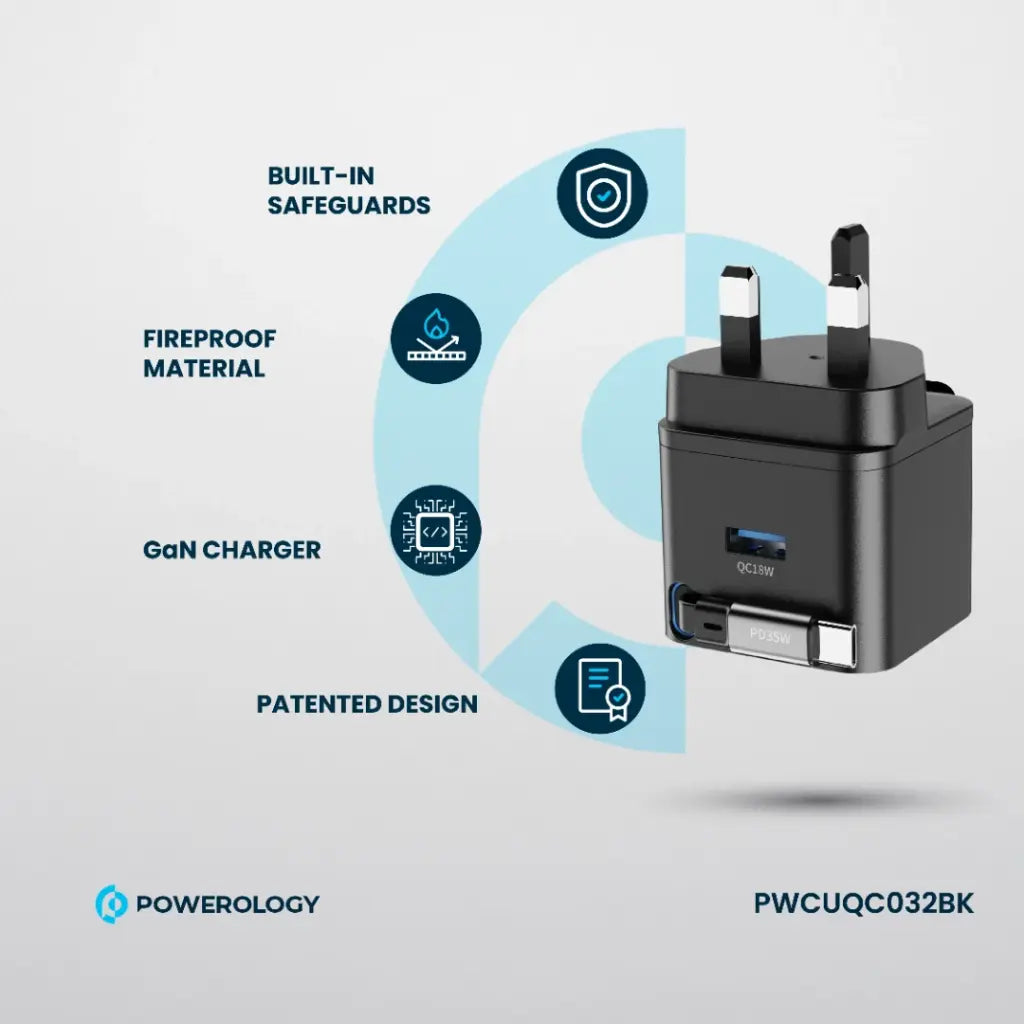 Powerology Retractable GaN Charger – Single Port | Compact & Fast