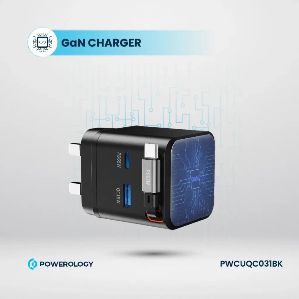 Powerology Retractable Dual-Port GaN Charger – Compact & Fast
