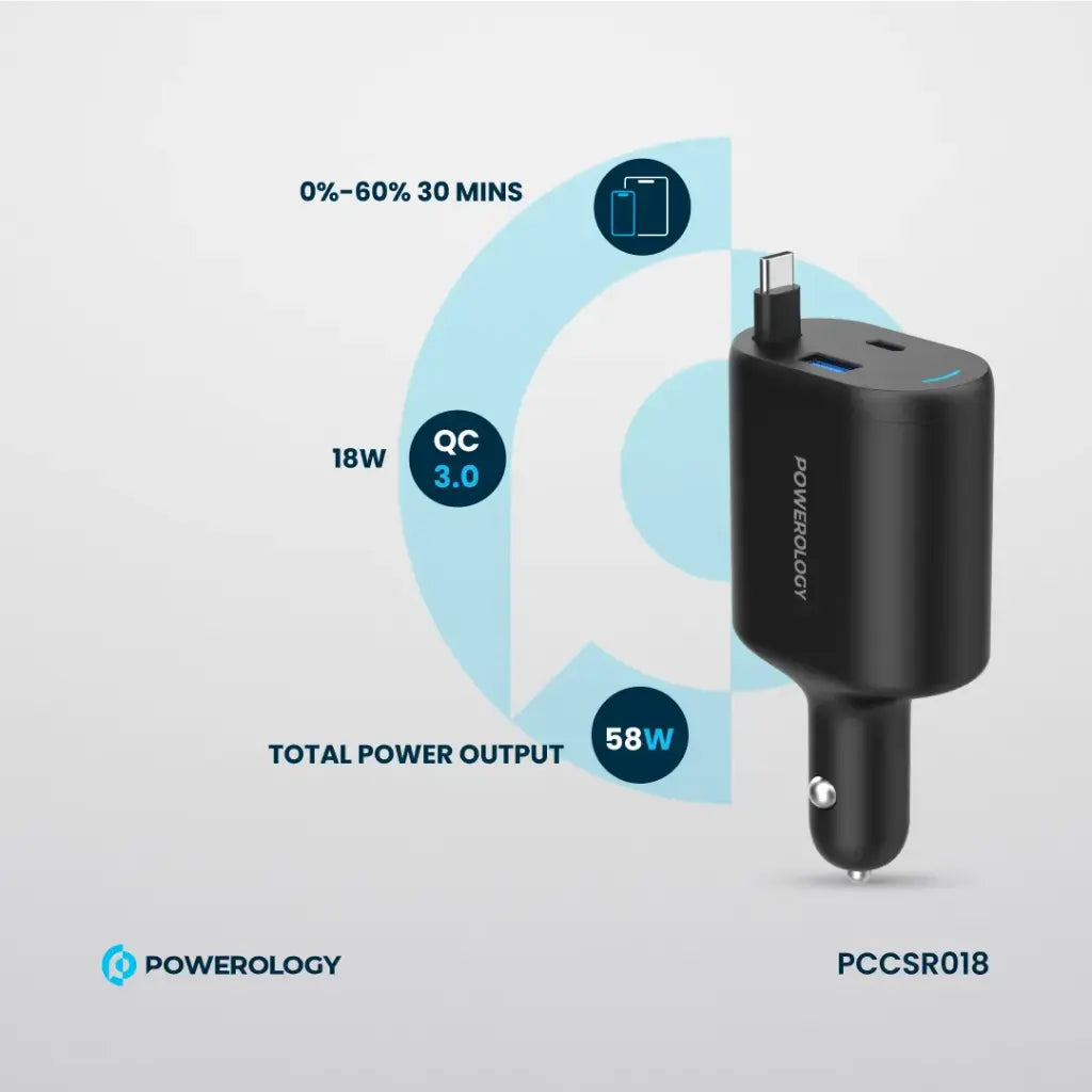 Powerology Type-C Retractable Car Charger 70W - Black