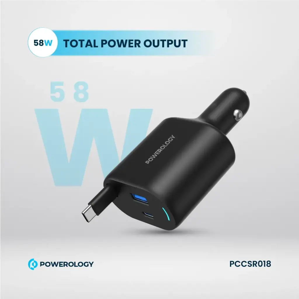 Powerology Type-C Retractable Car Charger 70W - Black