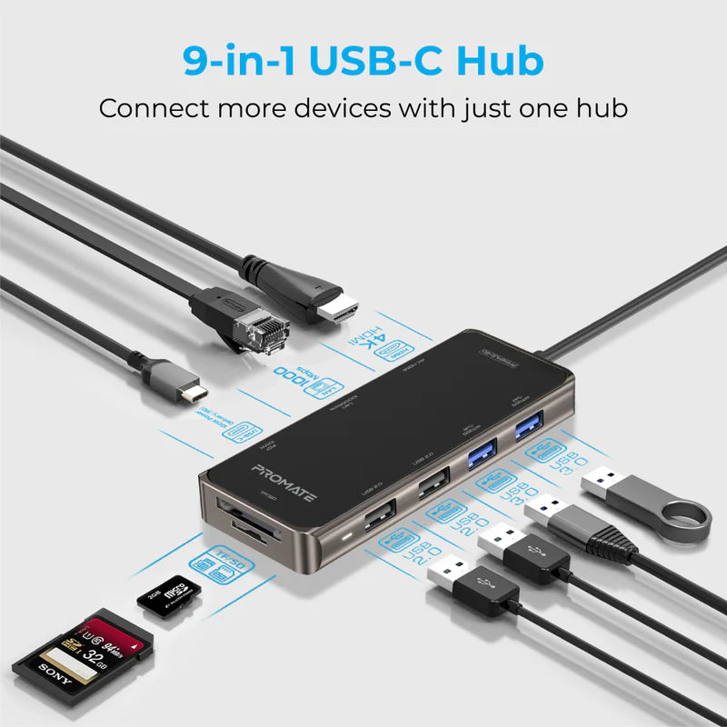 Promate PrimeHub-Go 9 In 1 Type-C Adapter 100W Power Delivery