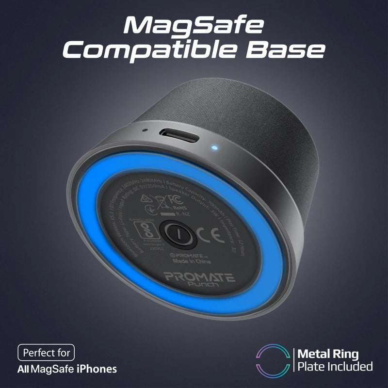 Promate Punch High-Fidelity Mini Bluetooth Speaker with MagSafe Compatible Base