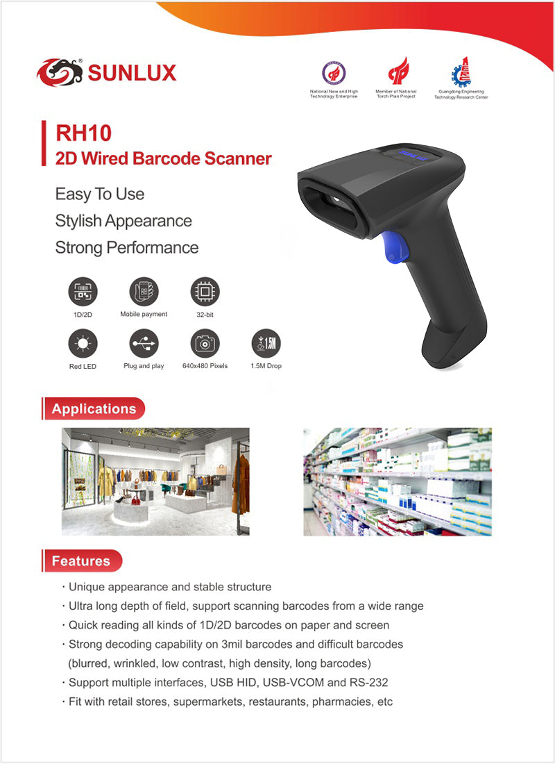 SUNLUX Wired 2D Barcode Scanner – Fast & Accurate Scanning