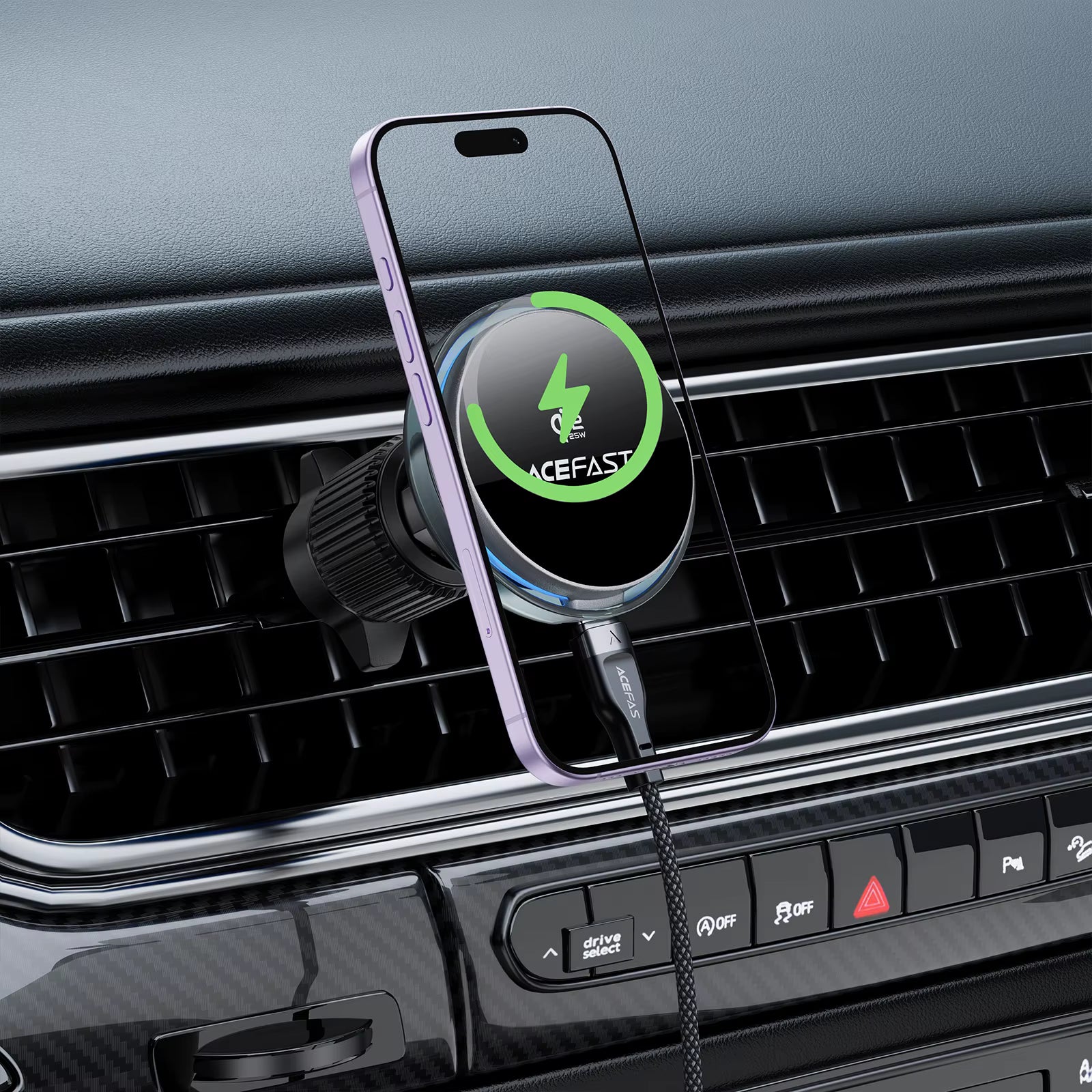 ACEFAST D61 Qi2 25W Magnetic Car Mount Wireless Charger with Cooling Fan & RGB Light