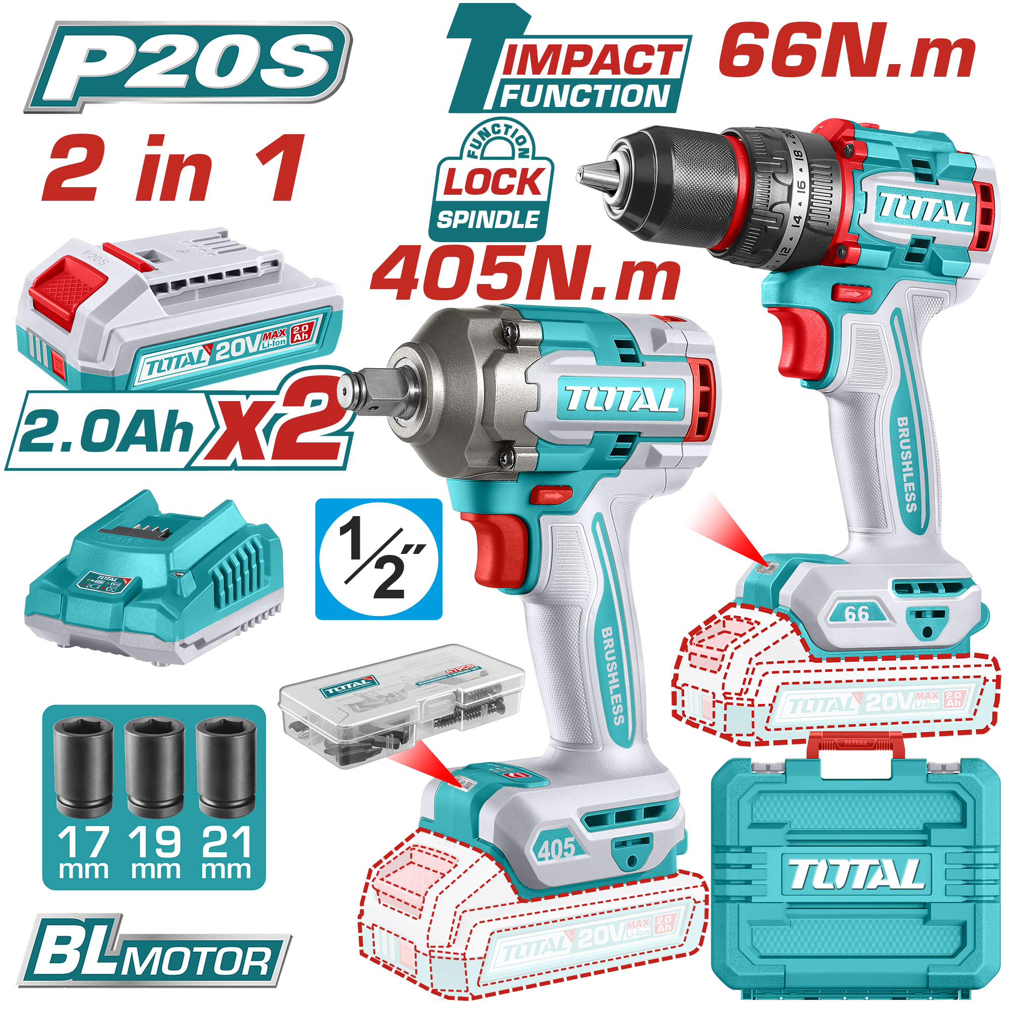 Total 20V 2-Piece Charging Kit - Brushless Drill & Impact Wrench with 2 Batteries (TCKLI20286)