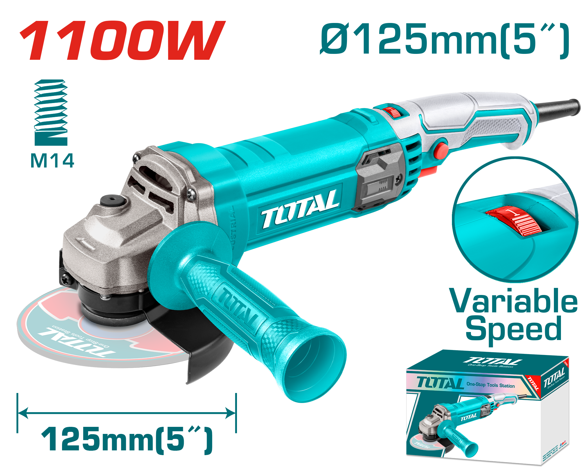 TOTAL 1100W Angle Grinder – 125mm Disc, Variable Speed