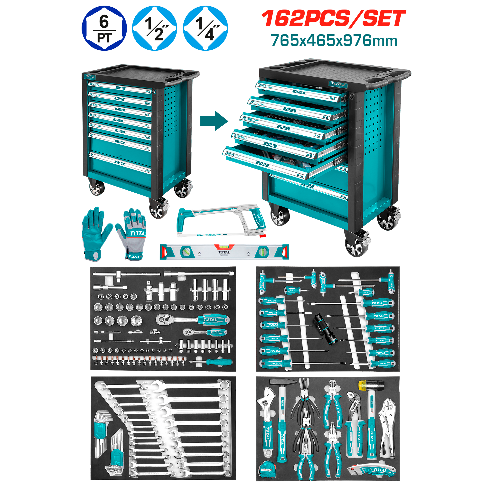 TOTAL 162 Piece Complete Tool Cart (THPTCS71621)