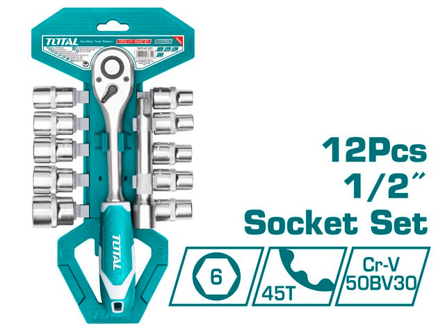 Total 12-Piece Socket Set with Ratchet Handle 1/2 Inch (THT141121)