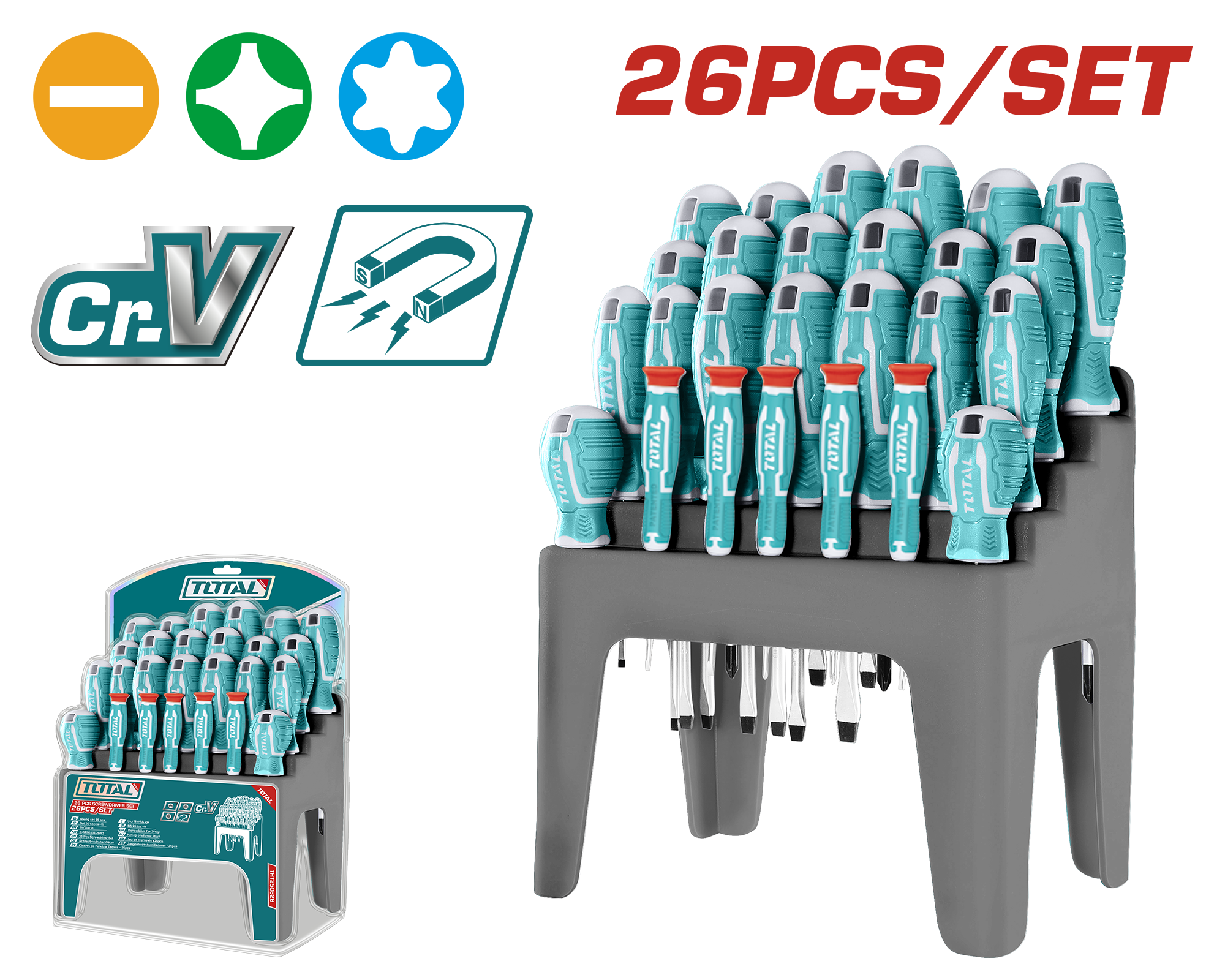 TOTAL 26pcs Screwdriver Set CR-V, Slotted, Phillips, Precision