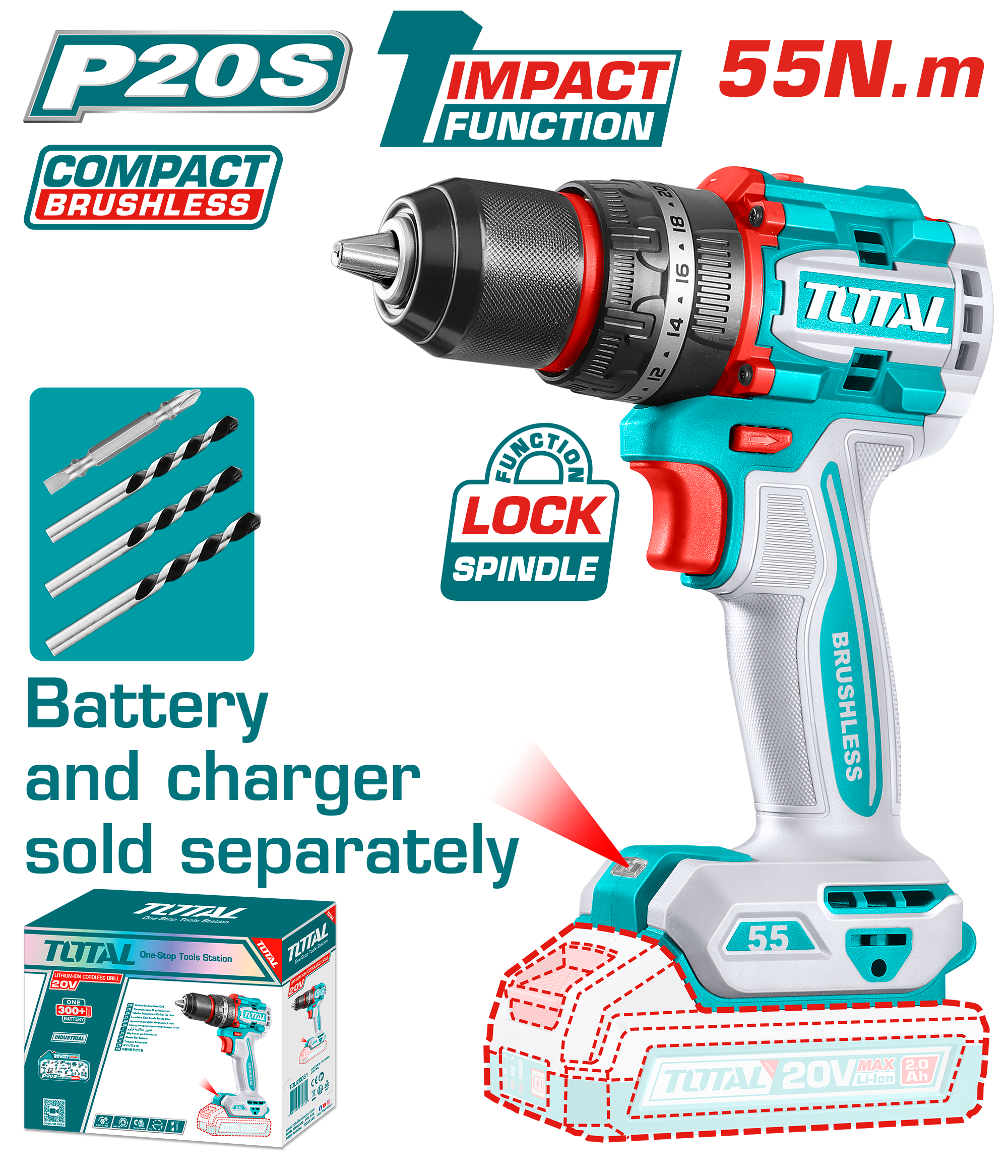 TOTAL 20V Cordless Brushless Impact Drill - 55Nm, No Battery