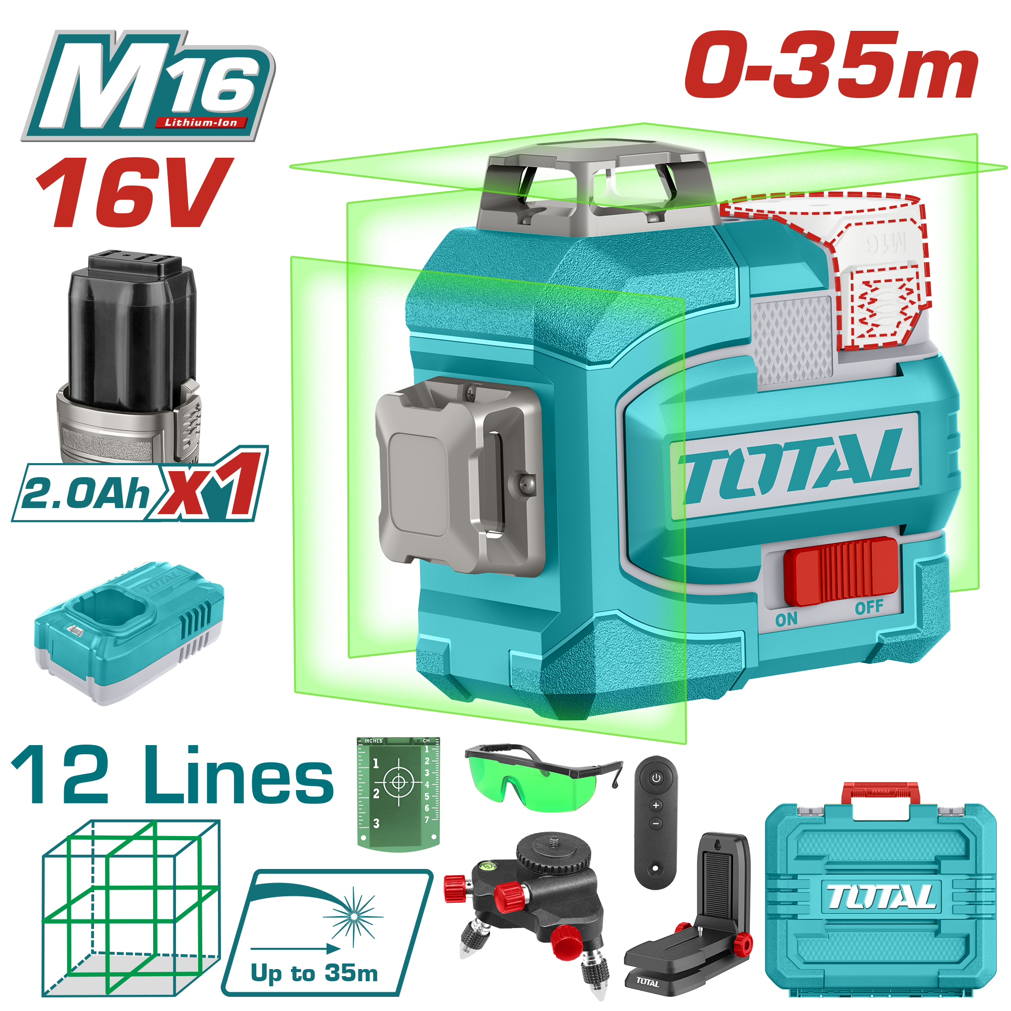 TOTAL 16V Cordless 3D Green Laser Level, 360° Lines