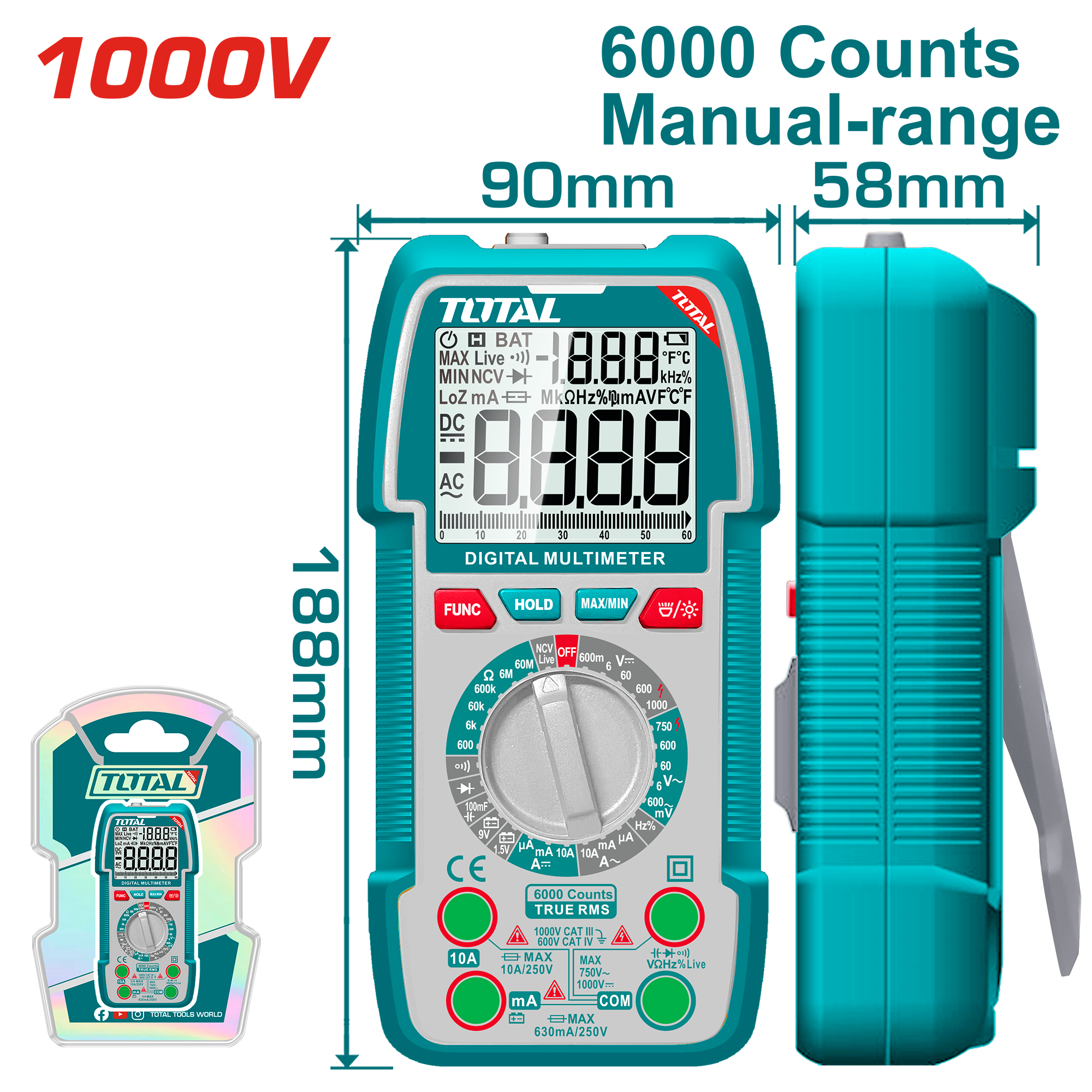 TOTAL 1000V Multimeter TRMS 6000 Counts, NCV & Flashlight