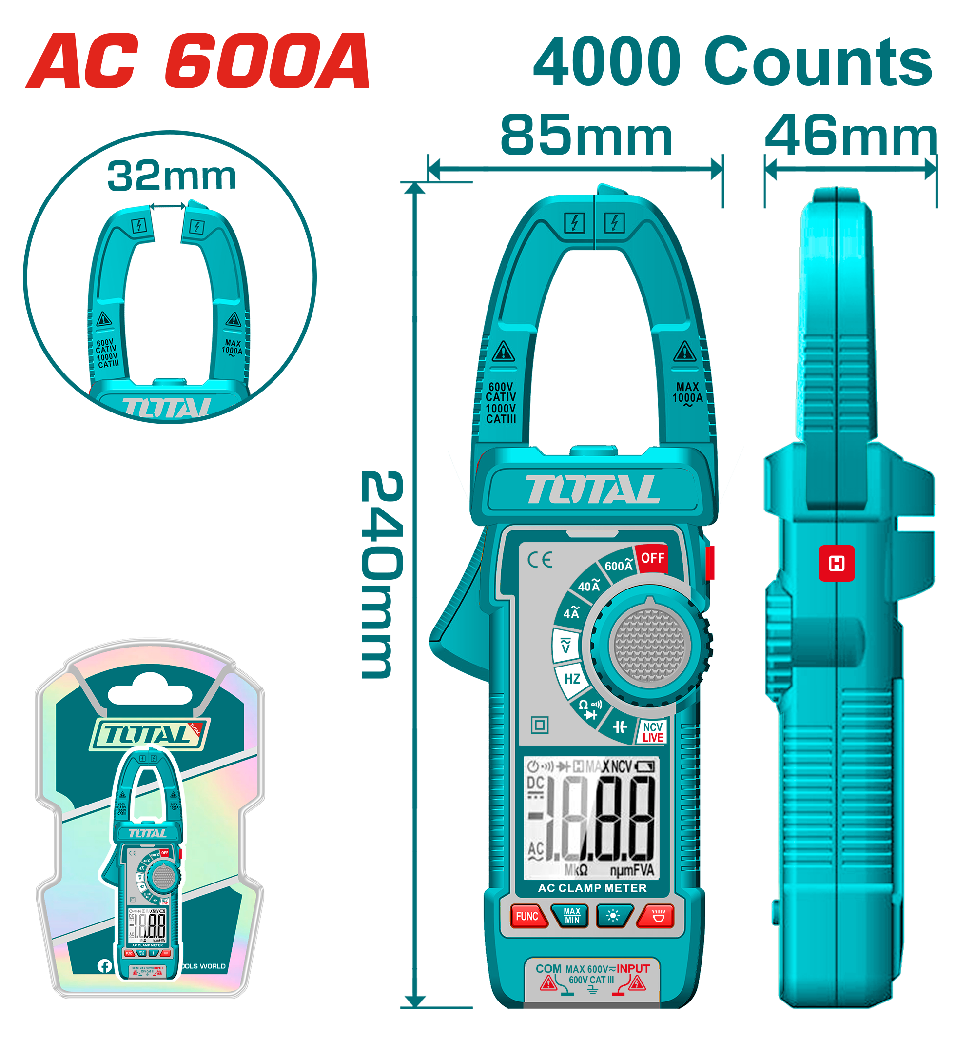 TOTAL Digital AC Clamp Meter 600A – TRMS 4000 Counts