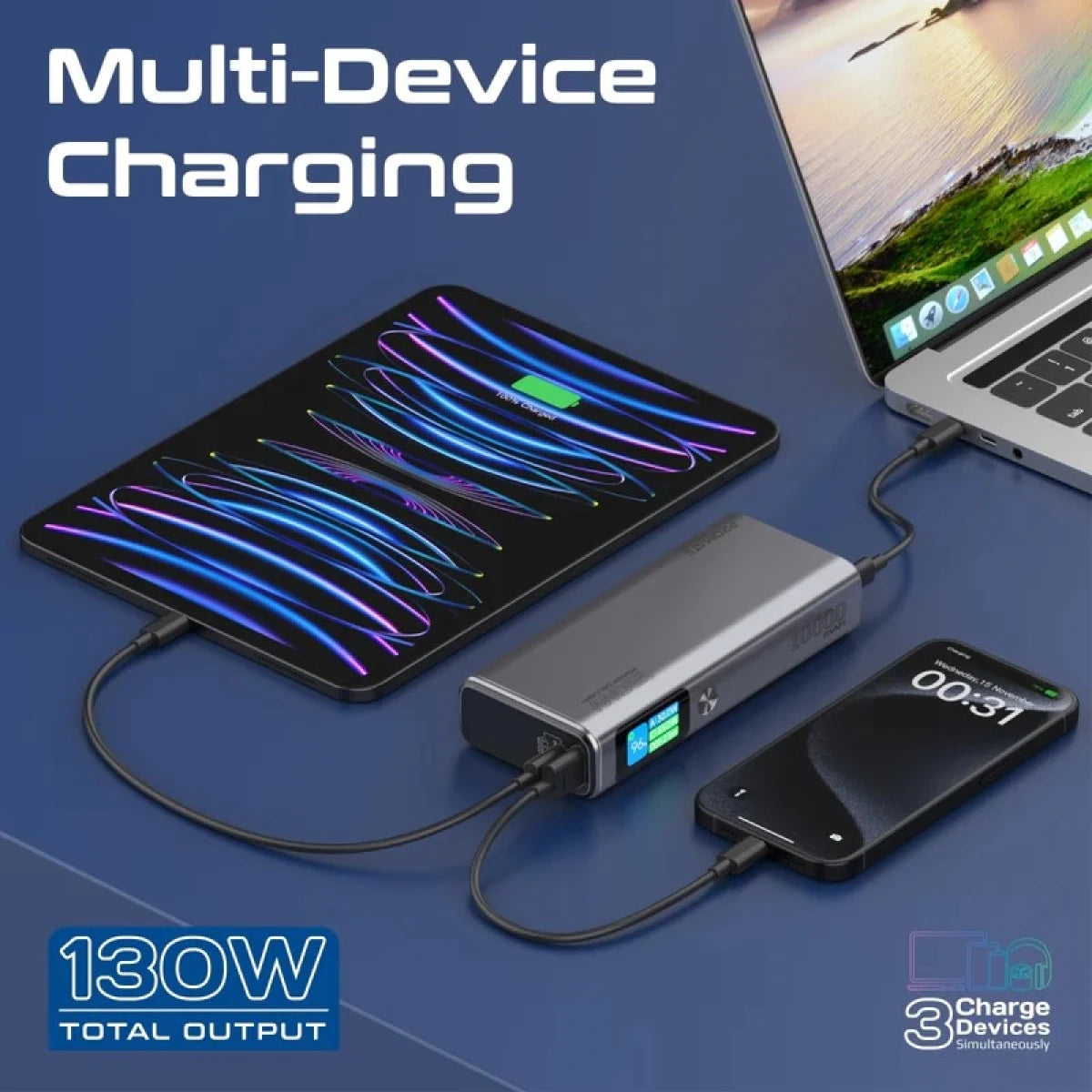 Promate Titan-130 Multi-Port Power Delivery Power Bank with TFT LCD Screen, 130W, 20000mAh