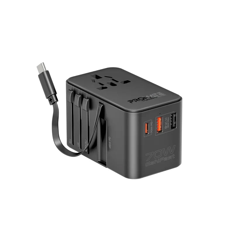 Promate TripMate-GaN70R 70W GaN Travel Adapter with Retractable Built-in USB-C Cable