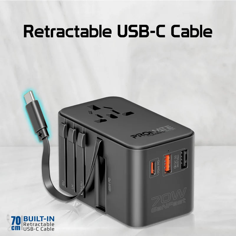 Promate TripMate-GaN70R 70W GaN Travel Adapter with Retractable Built-in USB-C Cable