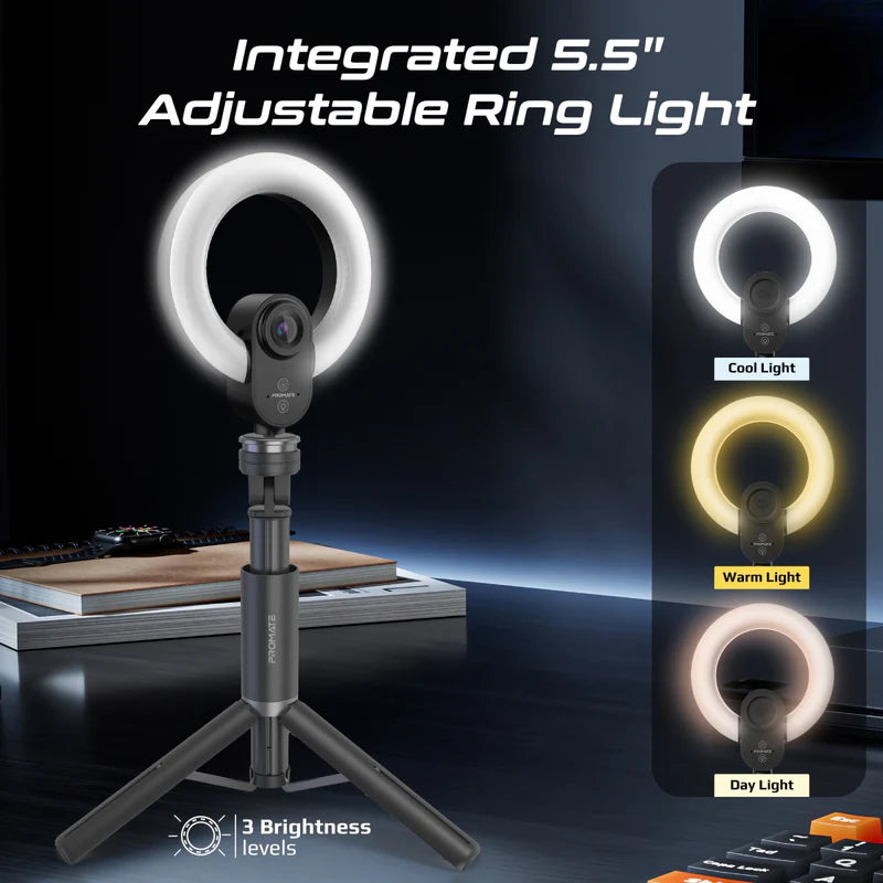 Promate VistaCam 2K Ultra-HD Webcam with Built-in Mic & Ring Light and detachable Tripod