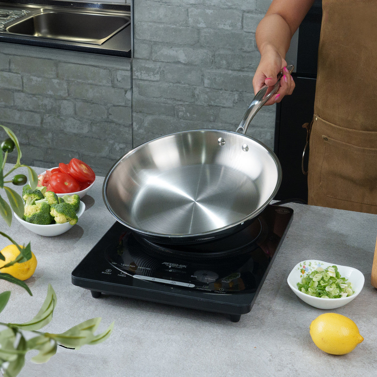 Arshia 28cm Tri-Ply Stainless Steel Frying Pan with Aluminum Core