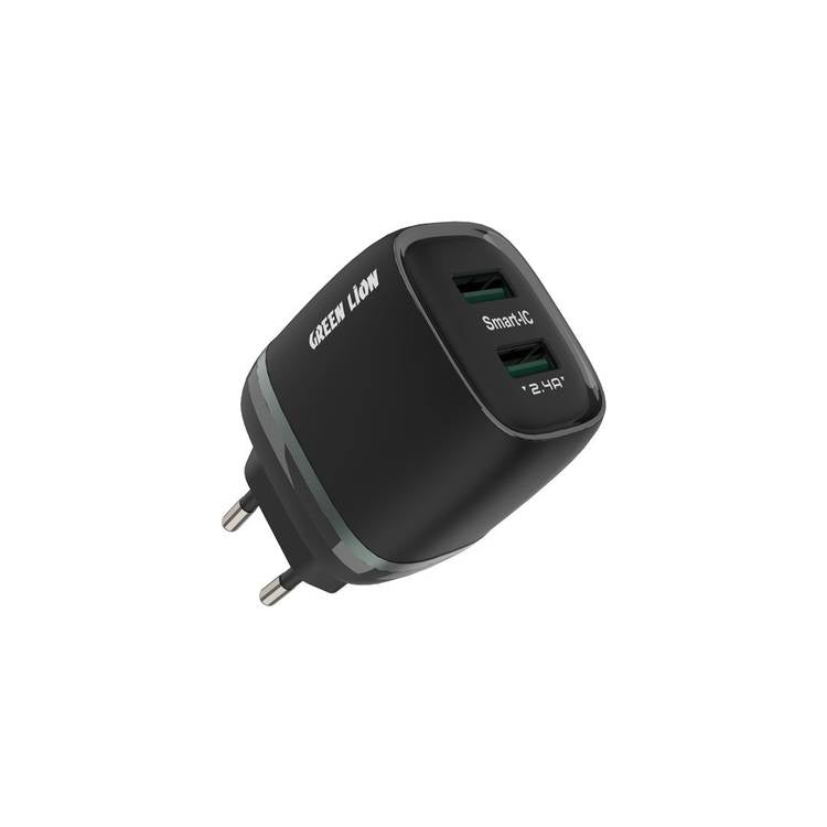 Green Lion Dual USB 12W Wall Charger with USB-A to USB-C Cable 1M EU - Black