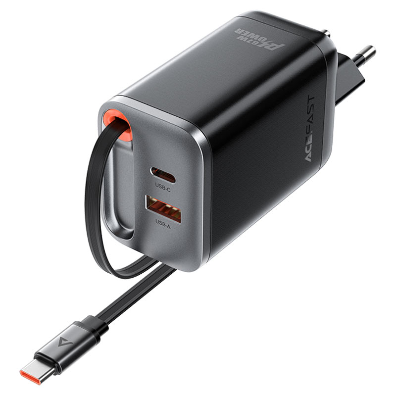 ACEFAST A111 PD67W GaN Wall Charger with Retractable USB-C Cable + USB-A (EU)