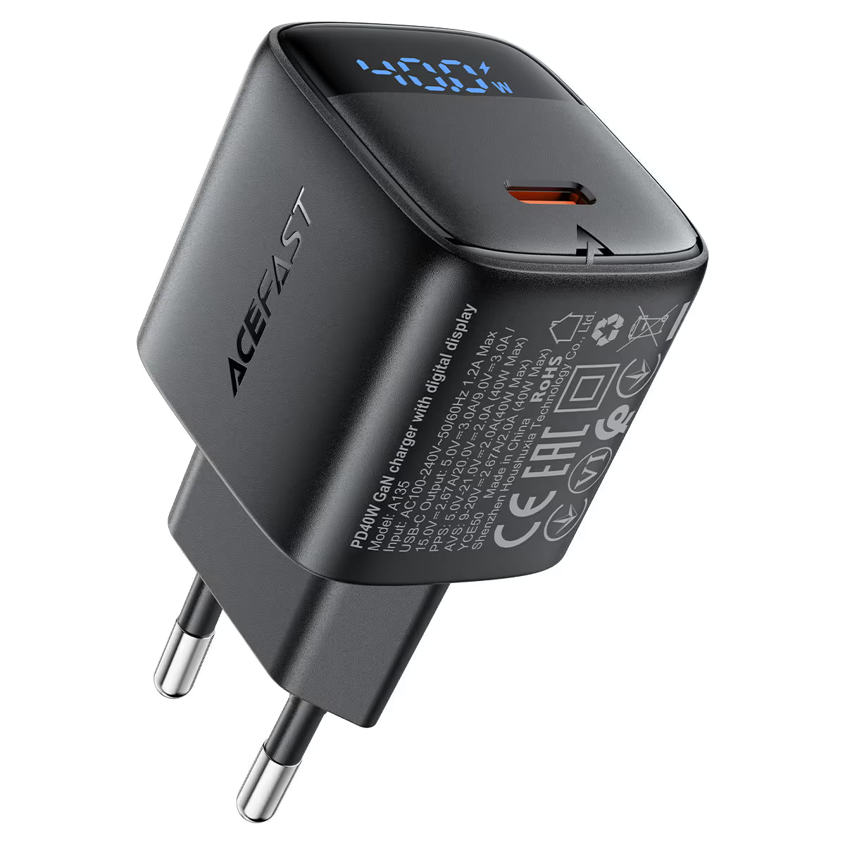 ACEFAST A135 GaN Wall Charger 40W PD – LED Display, AVS Fast Charging, EU Plug