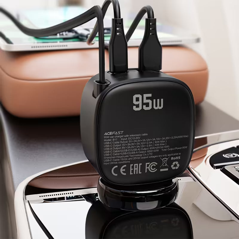 ACEFAST B17 95W Fast Car Charger with Retractable USB-C Cable (2×USB-C + USB-A)