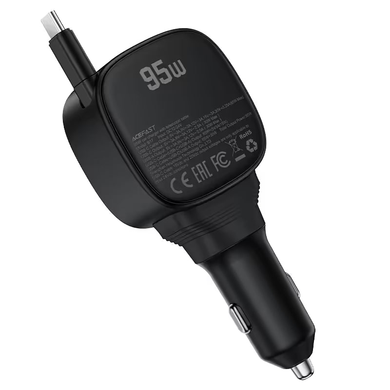 ACEFAST B17 95W Fast Car Charger with Retractable USB-C Cable (2×USB-C + USB-A)