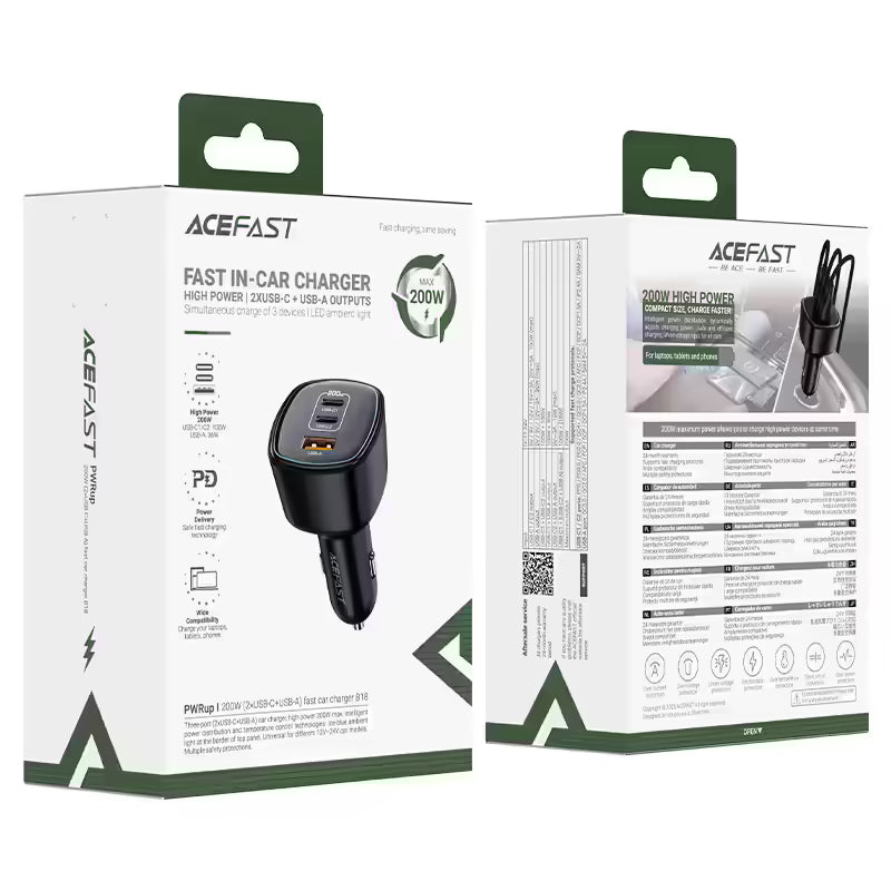 ACEFAST B18 200W Fast Car Charger 3-Port (2×USB-C + USB-A)