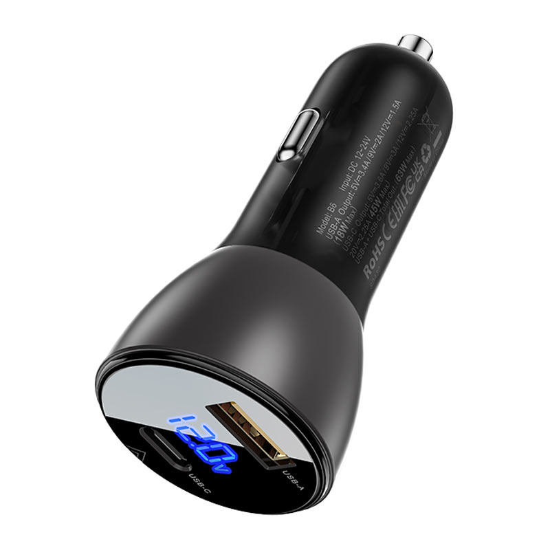 ACEFAST B6 63W Metal Car Charger USB-C 45W + USB-A 18W with LED Display
