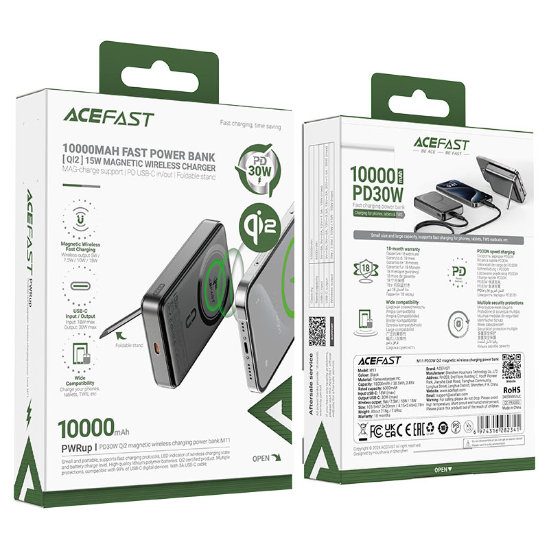 ACEFAST M11 Magnetic Wireless Power Bank 10000mAh – PD 30W | Qi2 Certified | Foldable Stand | USB-C | LED Indicator