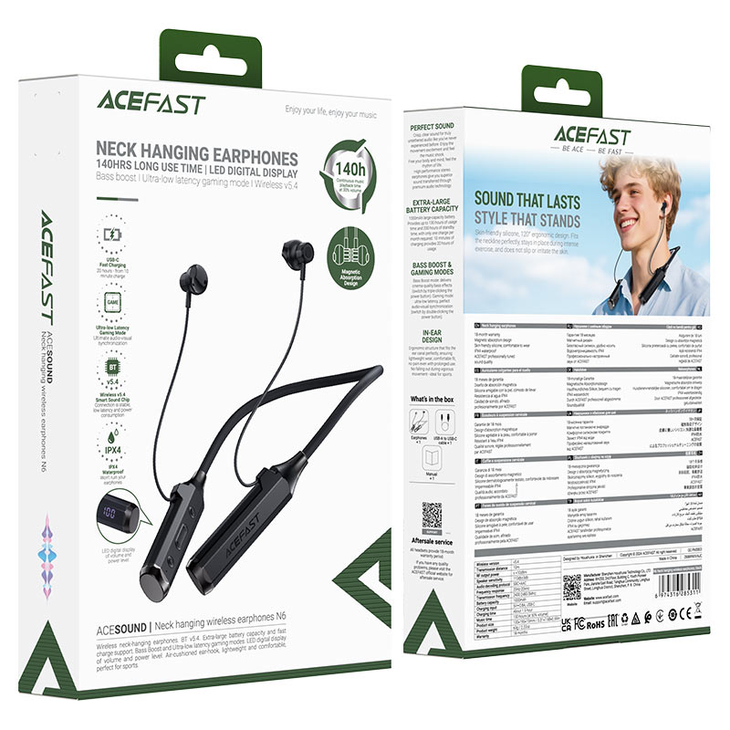 ACEFAST N6 Neck-Hanging Wireless Earphones – Bluetooth 5.4 | 130H Battery | LED Display | Bass Boost | Game Mode | IPX4