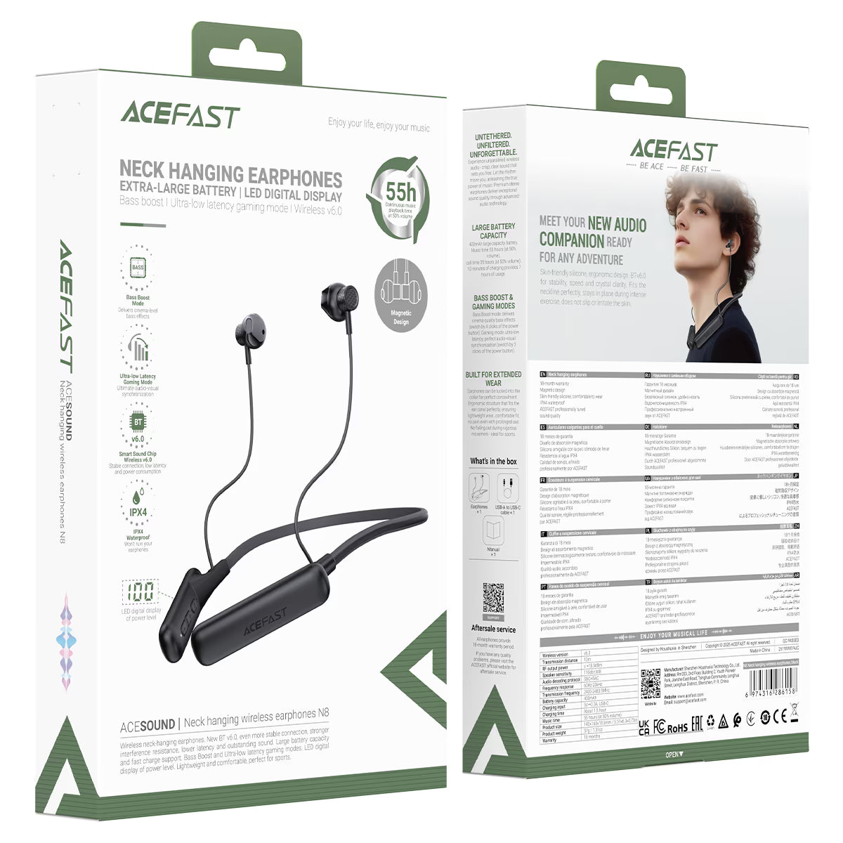 ACEFAST N8 Neck-Hanging Wireless Earphones – Bluetooth 6.0 | 55H Battery | LED Display | Bass Boost | Game Mode | IPX4
