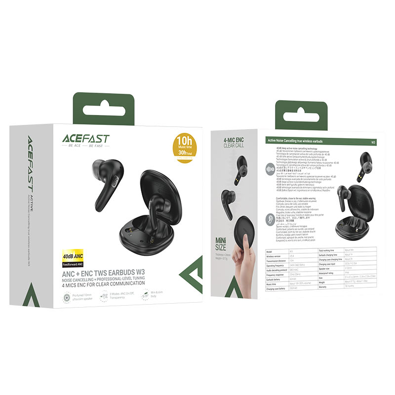 ACEFAST W3 ANC TWS Earbuds – 40dB Noise Cancellation | 4-Mic ENC | Bluetooth 5.4 | 30H Battery | IPX4