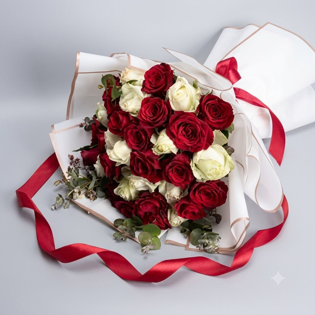 Red & White Roses Bouquet — Classic Elegance, White Wrap