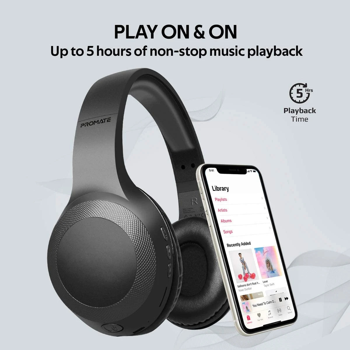 Promate LaBoca Headphone, Over-Ear Deep Bass Wireless Headphone with Long Paytime, Hi-Fi Sound - BLACK