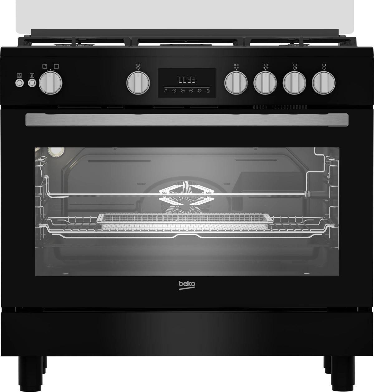 Beko Gas Cooker 90 cm 5 Burners Black with Fan and Cast Iron Pan – BGGR11225GBX