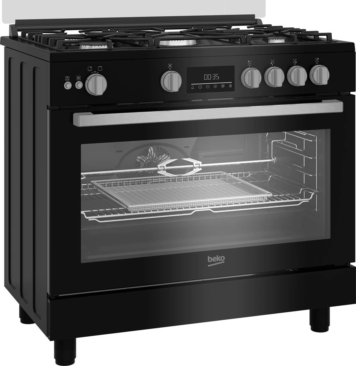 Beko Gas Cooker 90 cm 5 Burners Black with Fan and Cast Iron Pan – BGGR11225GBX
