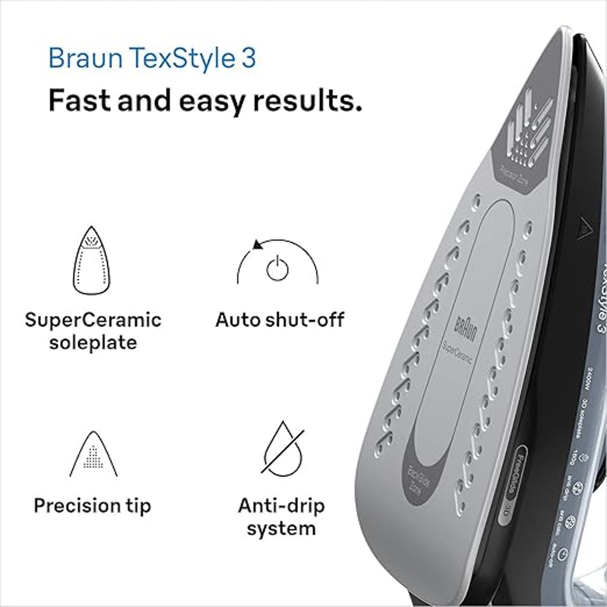 Braun TexStyle 3 Steam Iron 2400W 270ml FreeGlide 3D SuperCeramic Soleplate Auto Shut-Off – Black (SI3055BK)