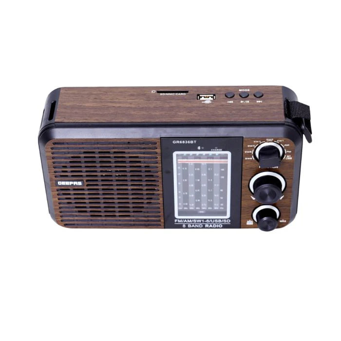 Geepas GR6836 Rechargeable 8-Band Radio with Bluetooth, USB & SD Card | FM/AM/SW | Portable Music Player
