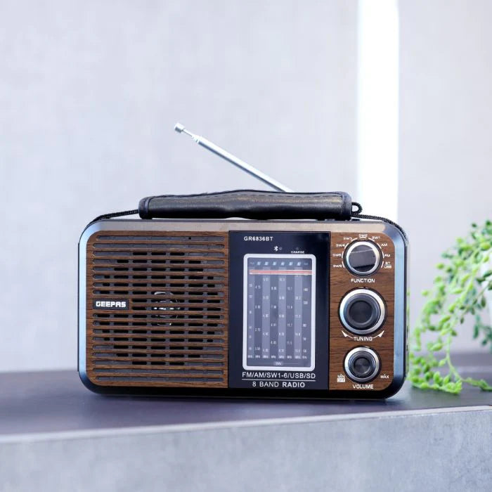 Geepas GR6836 Rechargeable 8-Band Radio with Bluetooth, USB & SD Card | FM/AM/SW | Portable Music Player