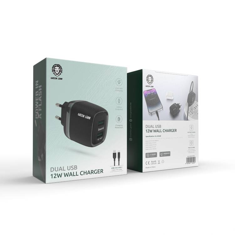 Green Lion Dual USB 12W Wall Charger with USB-A to USB-C Cable 1M EU - Black