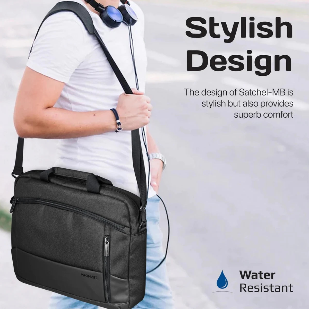 Promate Satchel-MB 15.6-Inch Laptop Bag, Messenger Bag with Large Compartments - Black