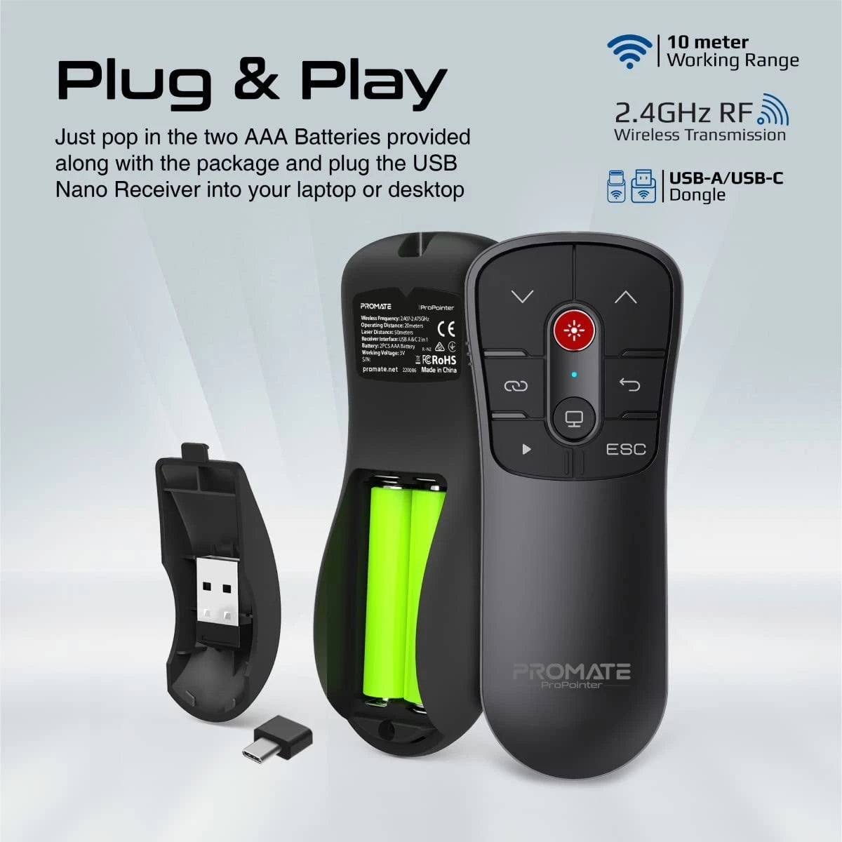 Promate ProPointer Laser Pointer Presenter, 10m Working Range and Button Controls