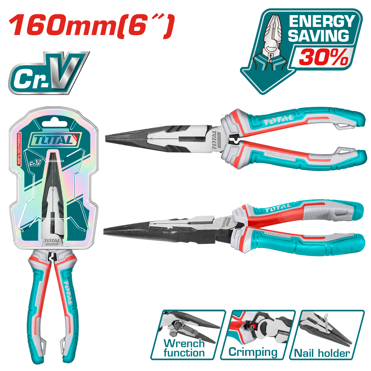 TOTAL 6″ High Leverage Long Nose Pliers Cr-V Grip