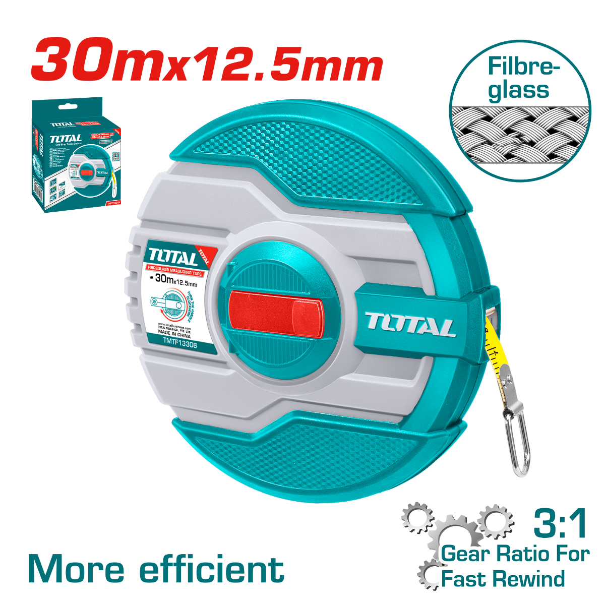 Total Fiberglass Measuring Tape 30m × 12.5mm – Durable & Lightweight