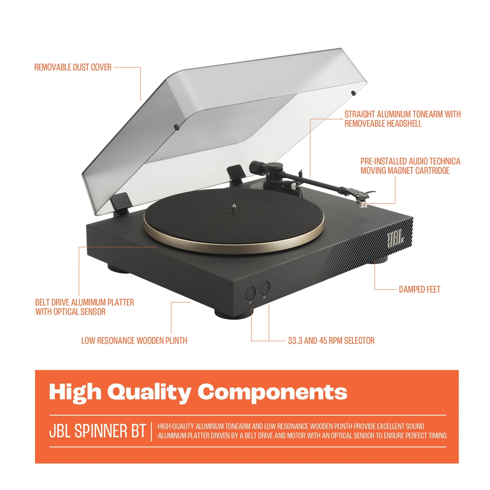 JBL Spinner BT Bluetooth Turntable | AptX-HD | Belt Drive | Moving Magnet Cartridge | Gold | JBLSPINNERBTGLDEU